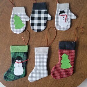 Vintage Hand Sewn Handmade Christmas Ornaments 6pc set. Three mittens/ stockings